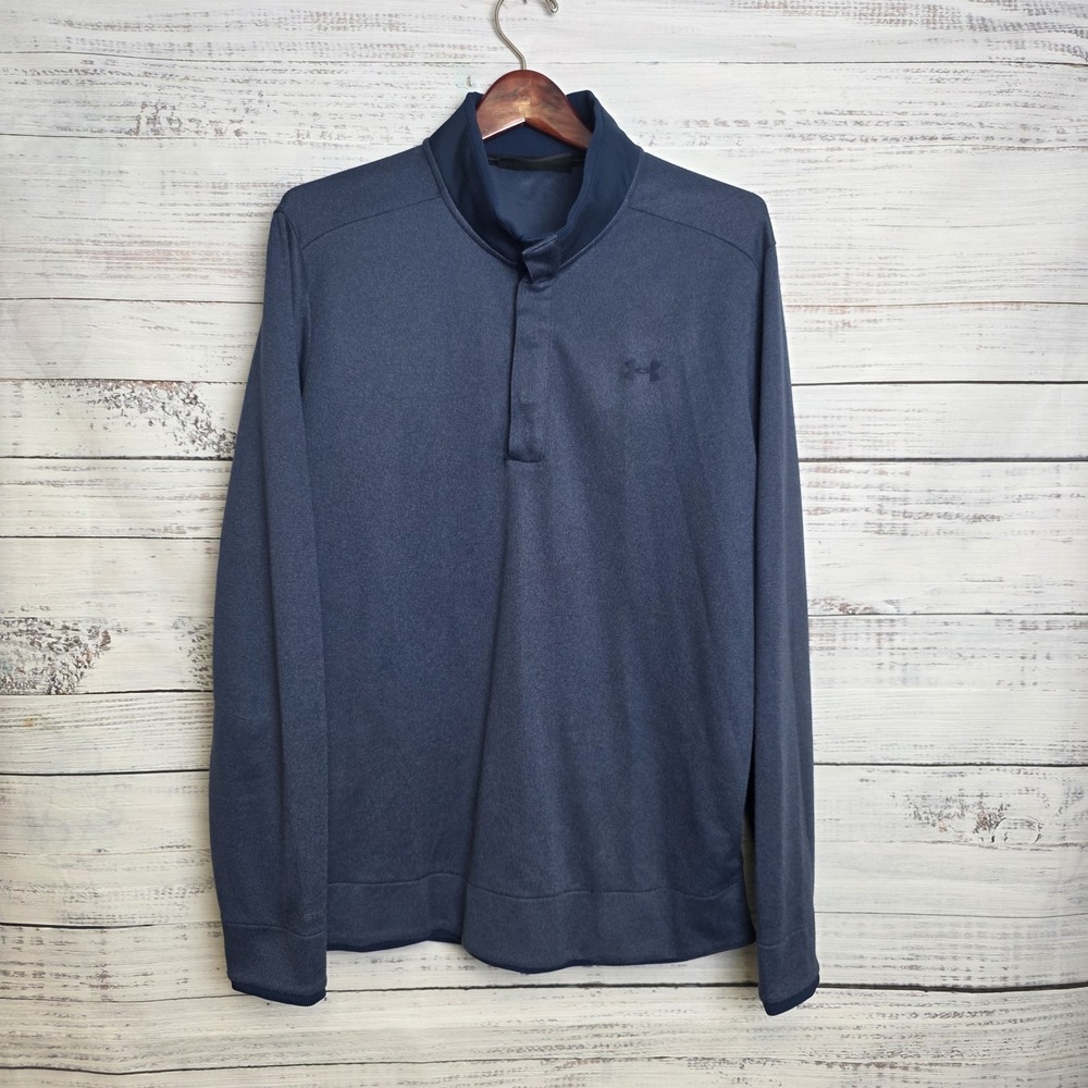 Under Armour Golf Storm Sweater XL Fleece Snap Mock Neck Blue Loose Fit Coldgear - Picture 2 of 11